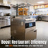 Tenshine TS-GF5910 commercial gas fryer with auto-lift basket in operation within a professional fast food kitchen environment.