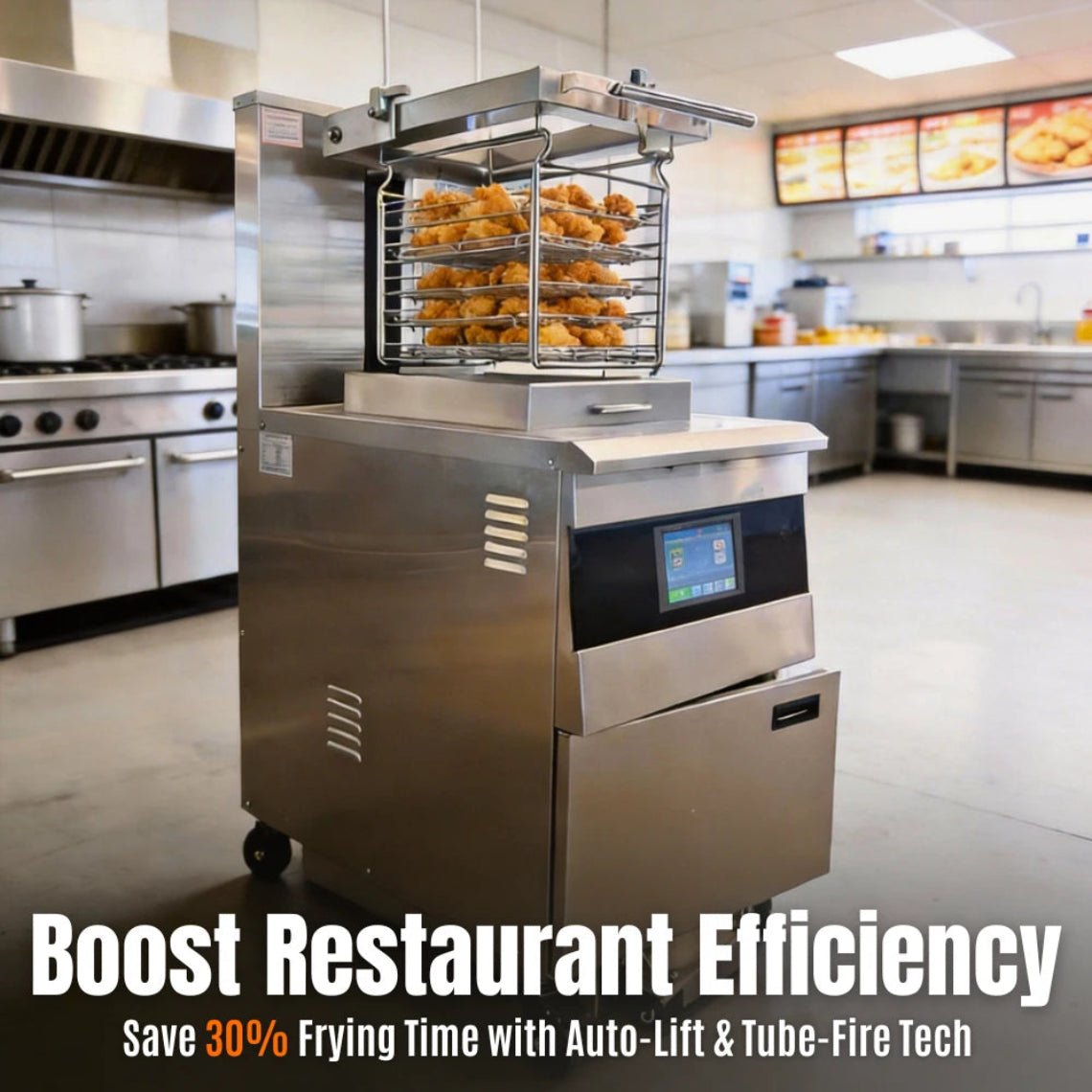 Commercial OFG-5910 gas fryer with auto-lift basket in operation within a professional fast food kitchen environment.