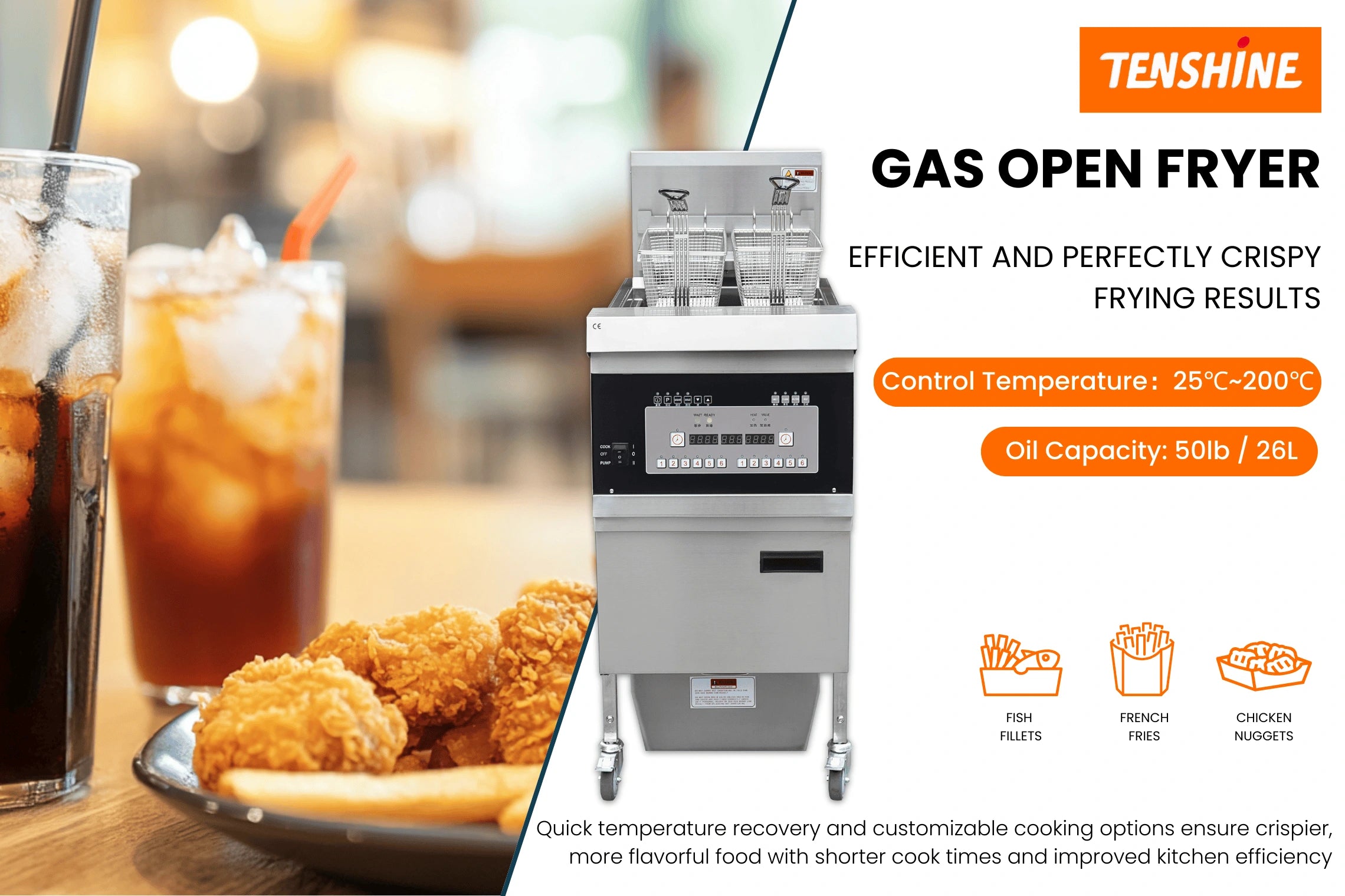 Front view of the heavy-duty TS-GF301 commercial gas fryer for restaurant kitchens.
