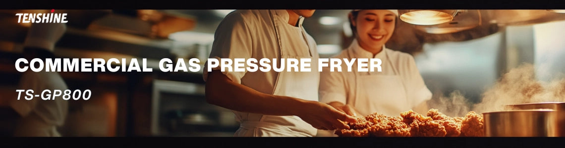 Banner showcasing the Tenshine TS-GP800 commercial gas pressure deep fryer, the ultimate heavy-duty solution for fast, juicy, and crispy fried chicken.