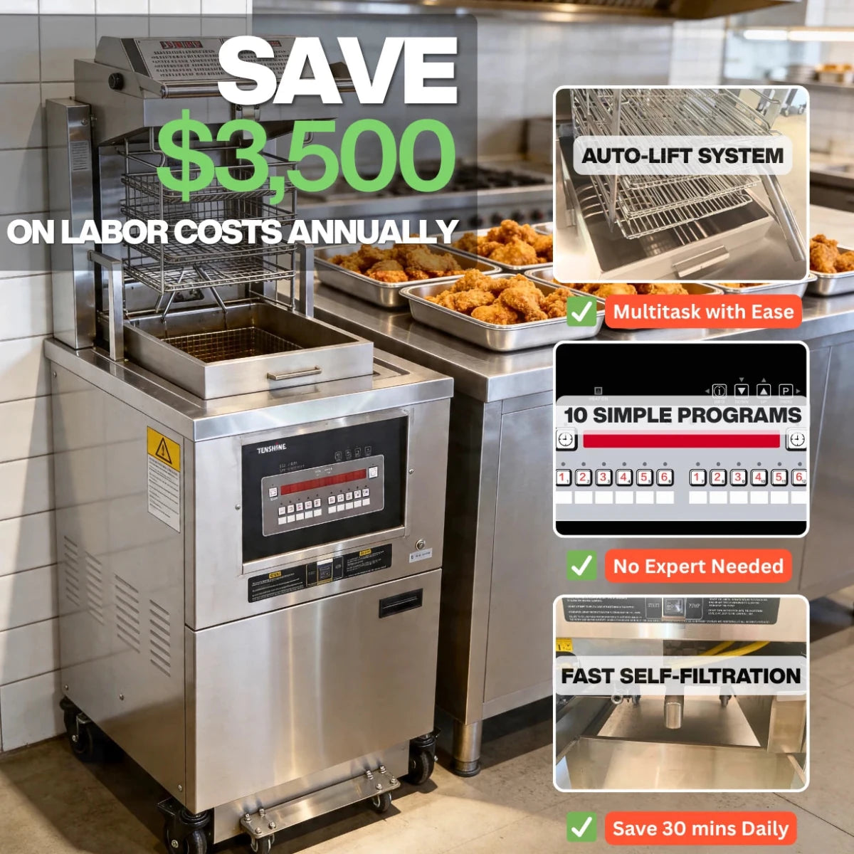 Save on labor costs with the Tenshine TS-GP5910 commercial gas pressure fryer, equipped with an auto-lift system to multitask with ease.