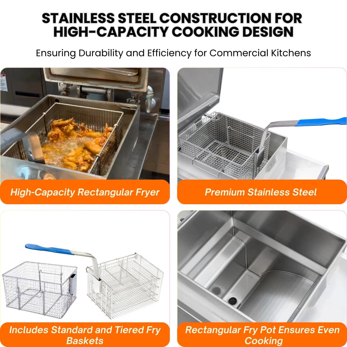 Four core features of the TS-GP600 commercial gas pressure fryer including high-efficiency burners.
