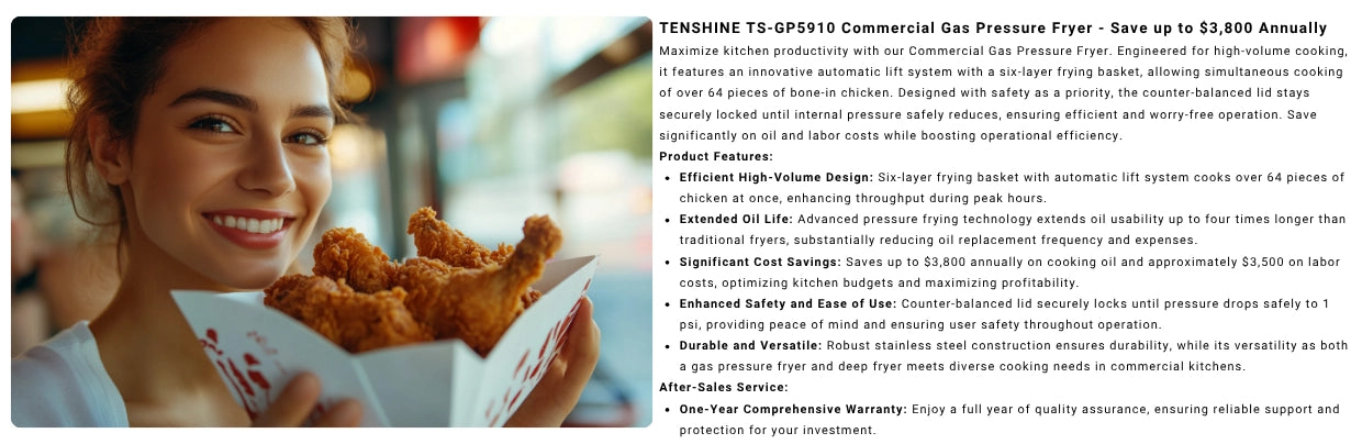 Detailed ROI breakdown for the Tenshine TS-GP5910 commercial gas pressure fryer, explaining how its advanced filtration and auto-lift system saves up to $3,800 annually.