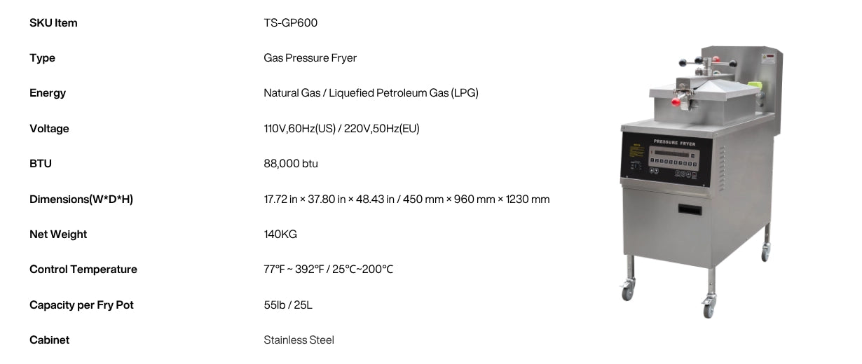 Full specification table for the TS-GP600 commercial gas pressure fryer showing gas output and capacity.