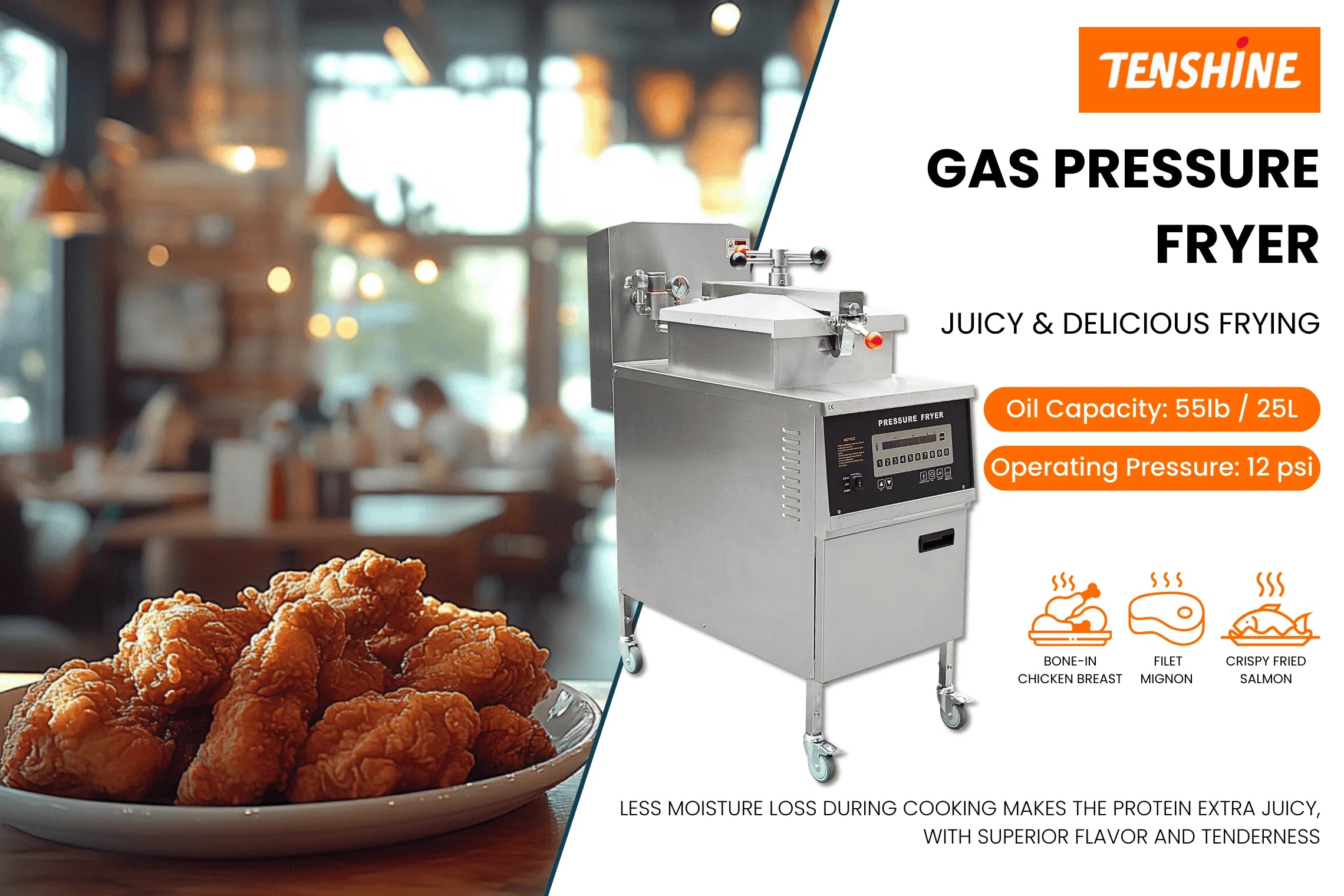 Hero view of the heavy-duty TS-GP600 commercial gas pressure fryer for restaurant kitchens.