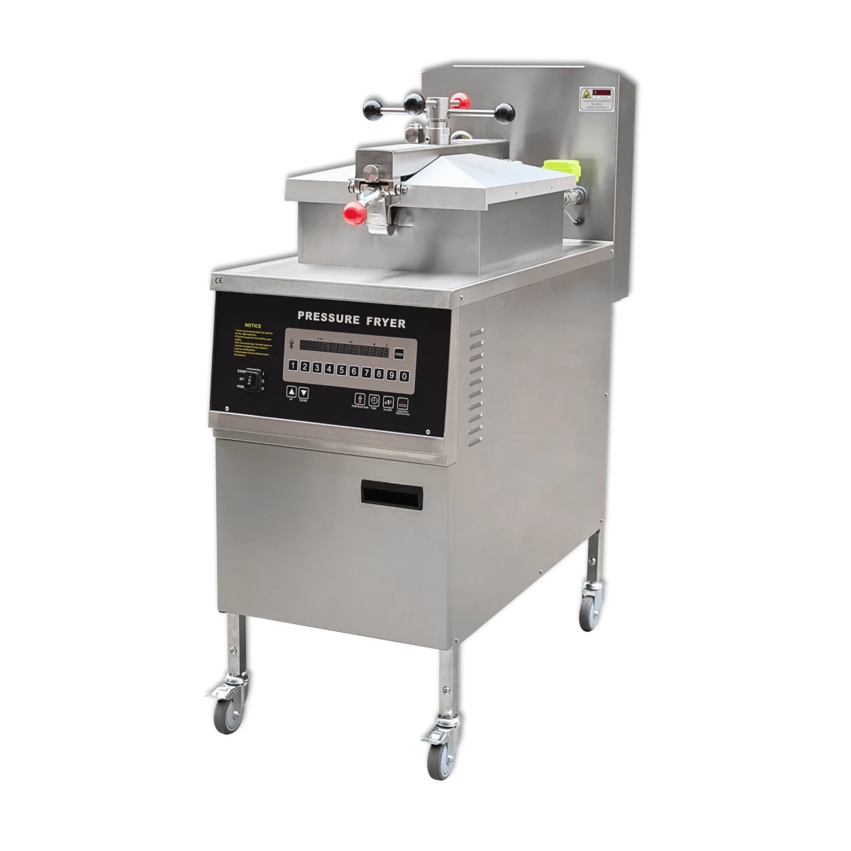 Side profile of the heavy-duty gas pressure deep fryer built with premium stainless steel.