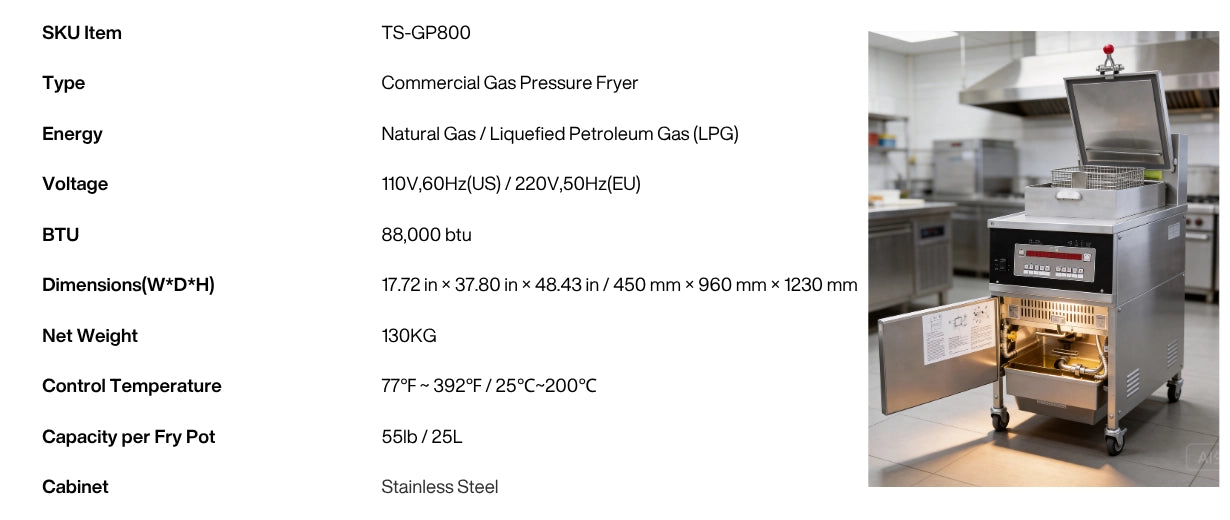 The Tenshine TS-GP800 commercial gas pressure fryer, delivering high-BTU performance and rapid heat recovery for perfectly crispy fried chicken.