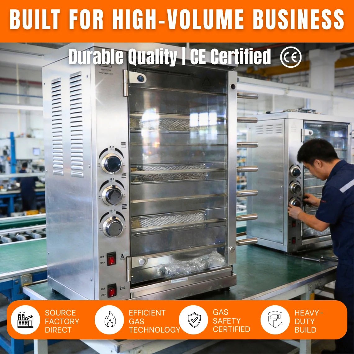 Inside view of Tenshine factory production line showing workers assembling commercial gas rotisserie ovens. Banner text highlights "Source Factory Direct", "Durable Quality", and "CE Certified".