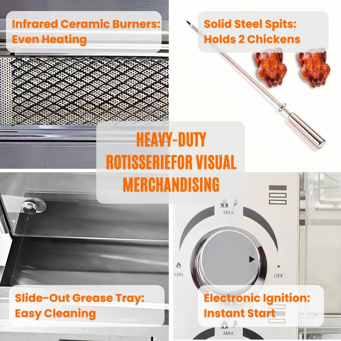 Close-up details of Tenshine gas rotisserie oven: Infrared ceramic heating burner, solid stainless steel spits, slide-out grease collection tray, and electronic ignition knob.