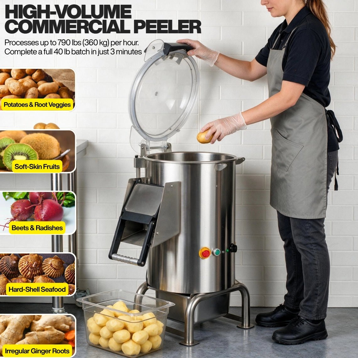 High-volume commercial root vegetable peeler effortlessly processing potatoes, irregular ginger roots, hard-shell seafood, and beets at up to 790 lbs per hour.