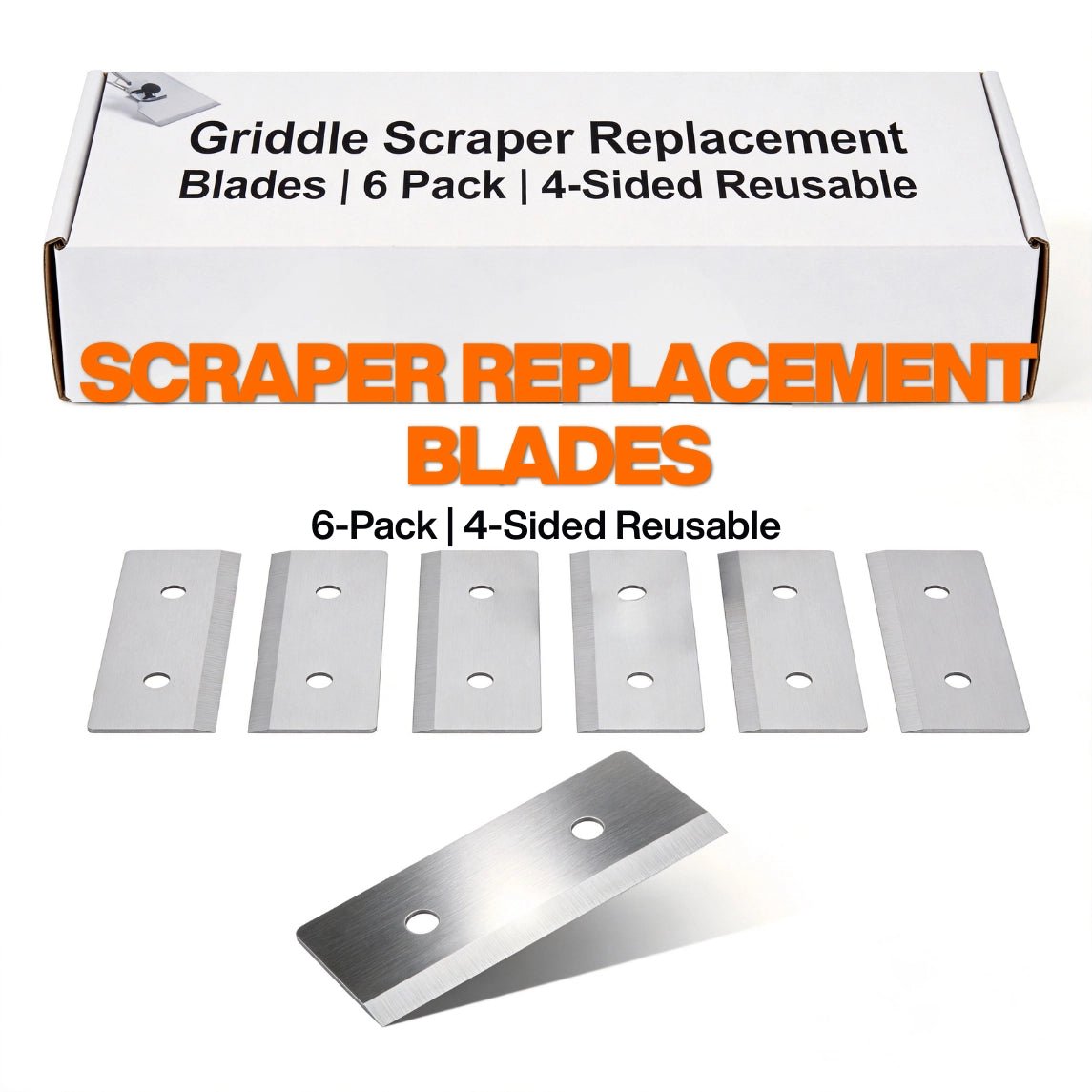 6-pack of 4-sided reusable scraper replacement blades for commercial flat top grill cleaning.