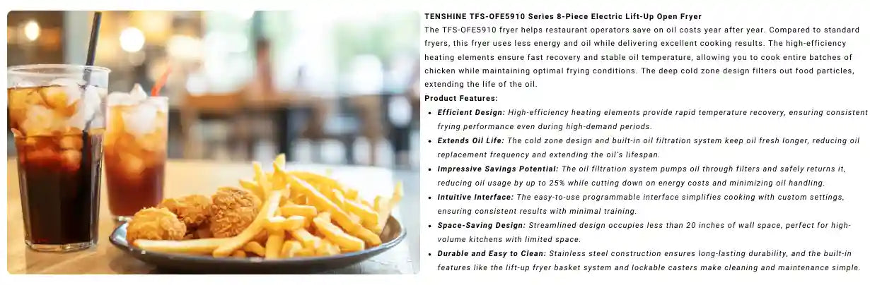 Overview of Tenshine OFE-5910 series 8-piece electric lift-up fryer with energy-saving features