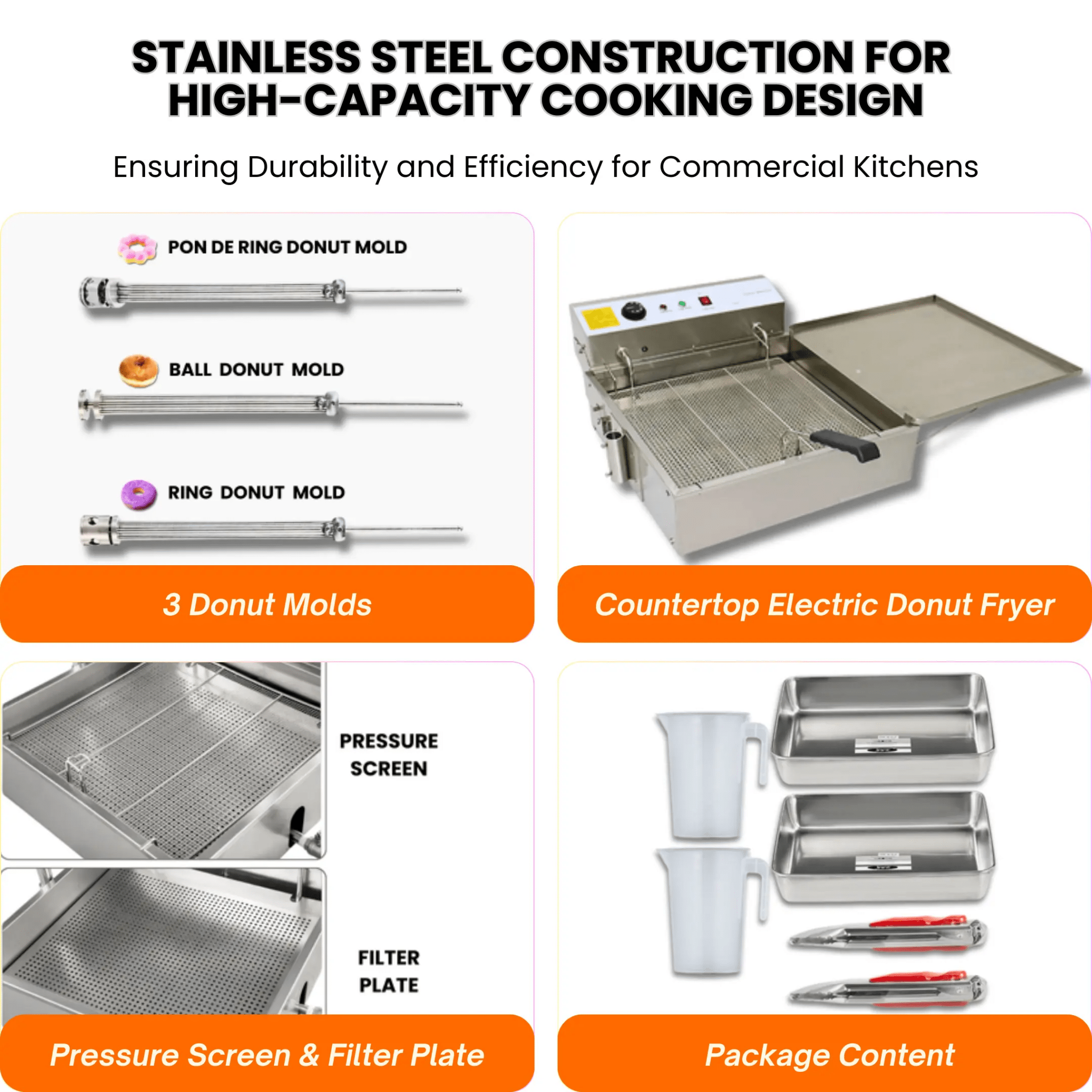 High capacity stainless steel construction of T-102 donut fryer showing pressure screen and filter plate