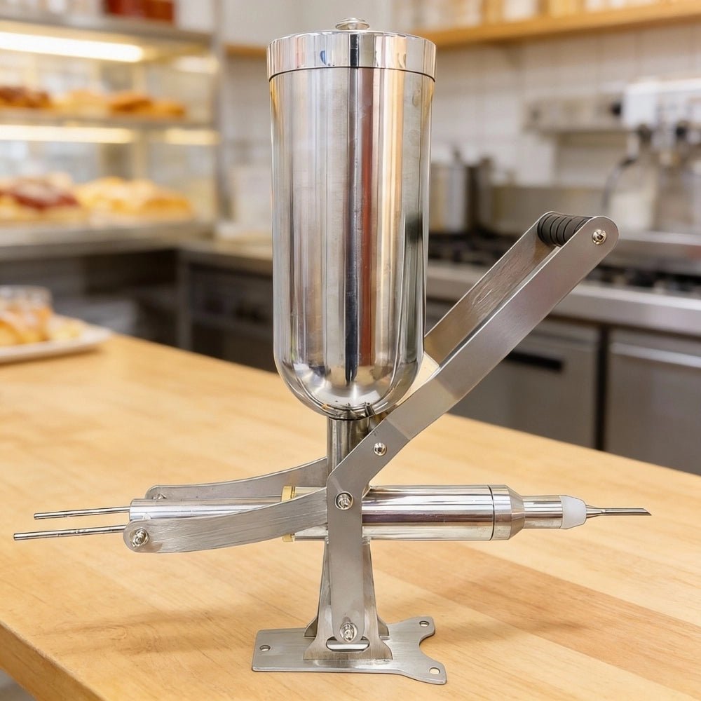 Professional stainless steel pastry injector machine positioned on a commercial kitchen counter.