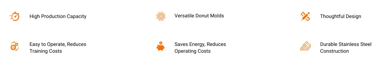 Key features of the LBD-4 commercial mini donut maker including high production capacity and durable stainless steel