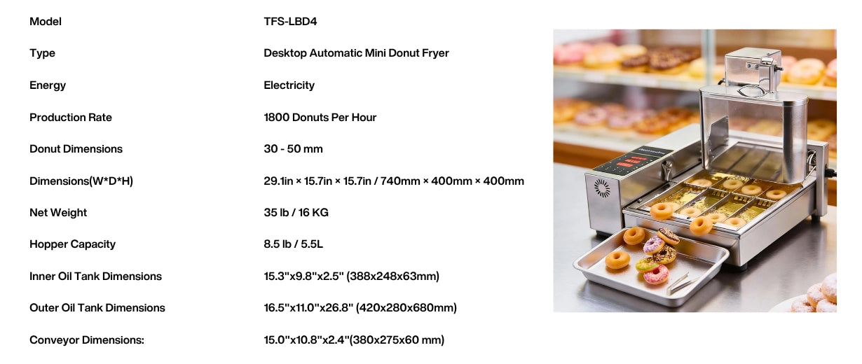 Technical parameters and production rate of 1800 per hour for the commercial mini donut maker machine