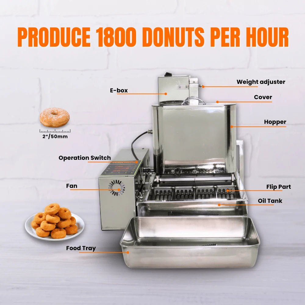 Component diagram of the LBD-4 commercial mini donut maker featuring a large hopper and digital controls