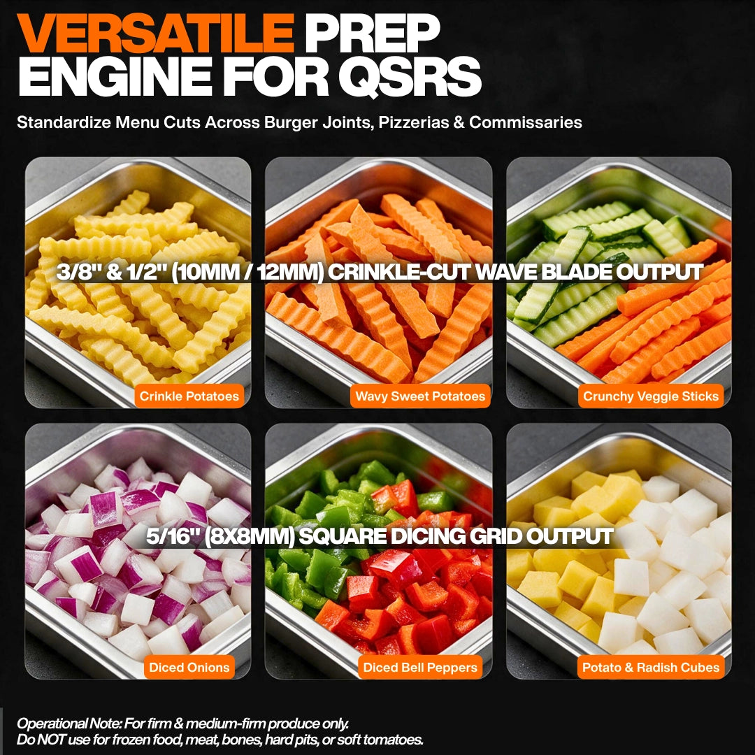 3/8 and 1/2 inch crinkle fries and 5/16 inch 8mm diced onions and peppers from commercial onion chopper
