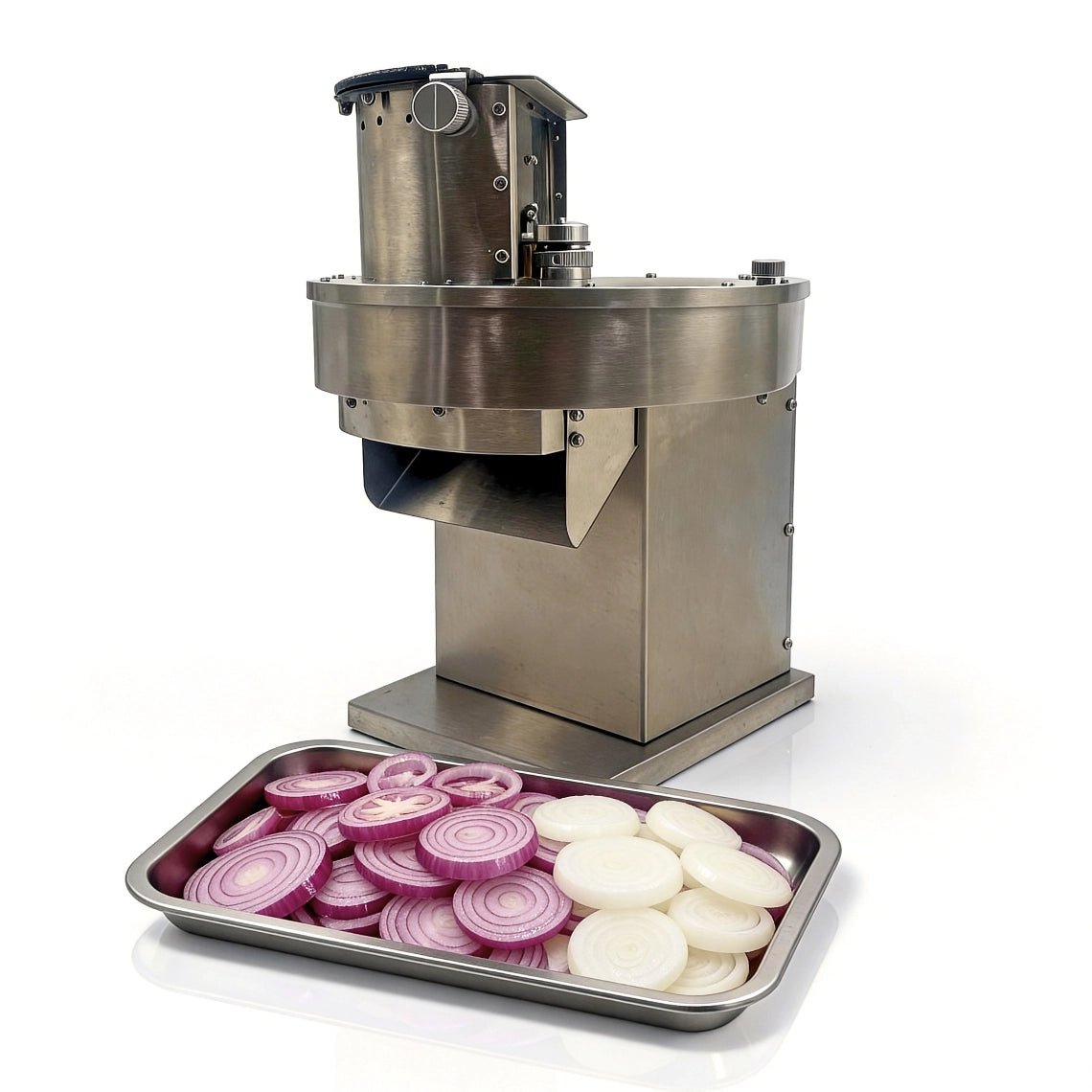Tenshine TS-VS639 commercial onion slicer with a tray of uniform red and white onion rings, ideal for high-volume sub shops and salad bars.