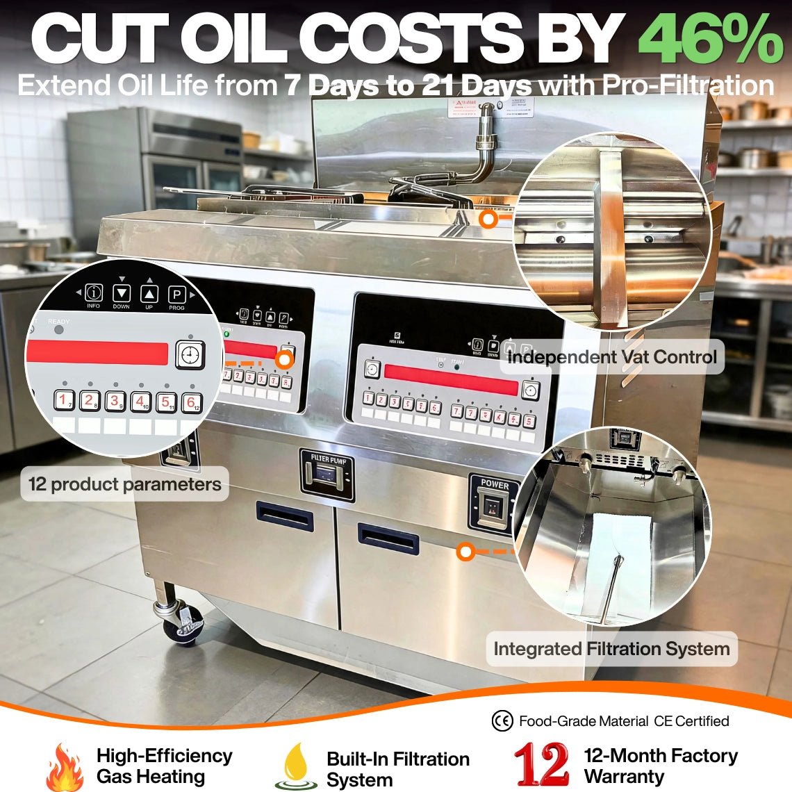 The Tenshine TS-GF322 commercial outdoor propane deep fryer cuts oil costs by 46% with its built-in filtration system.