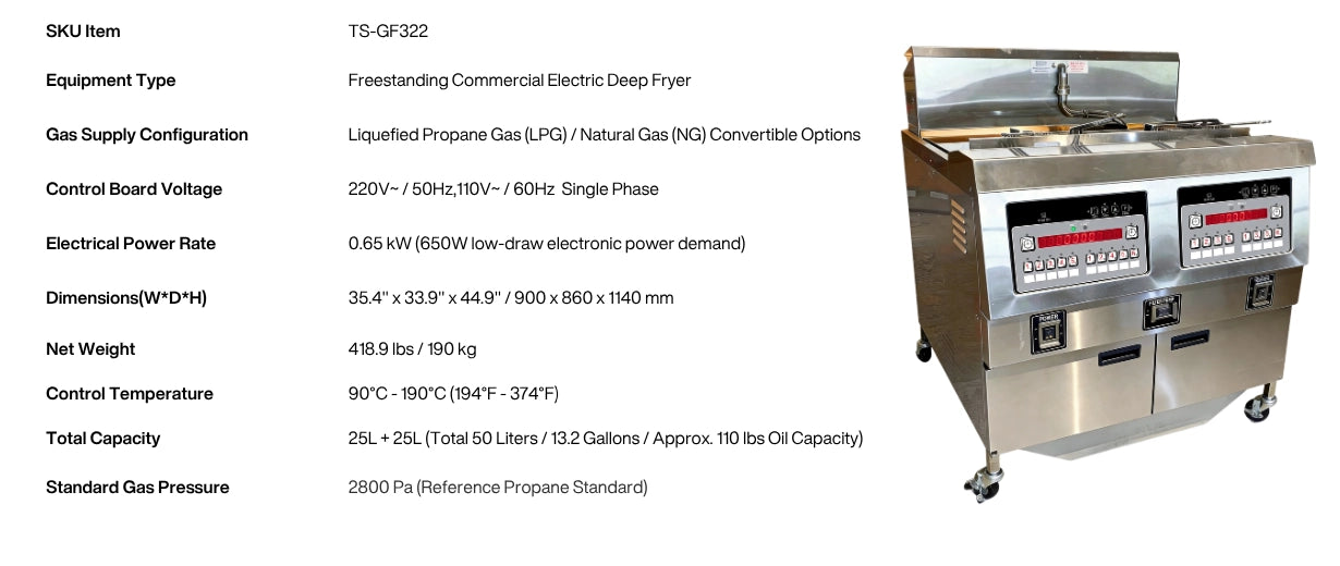 Detailed parameters of the Tenshine TS-GF322 commercial outdoor propane deep fryer, including gas supply configuration and 2800 Pa standard pressure.