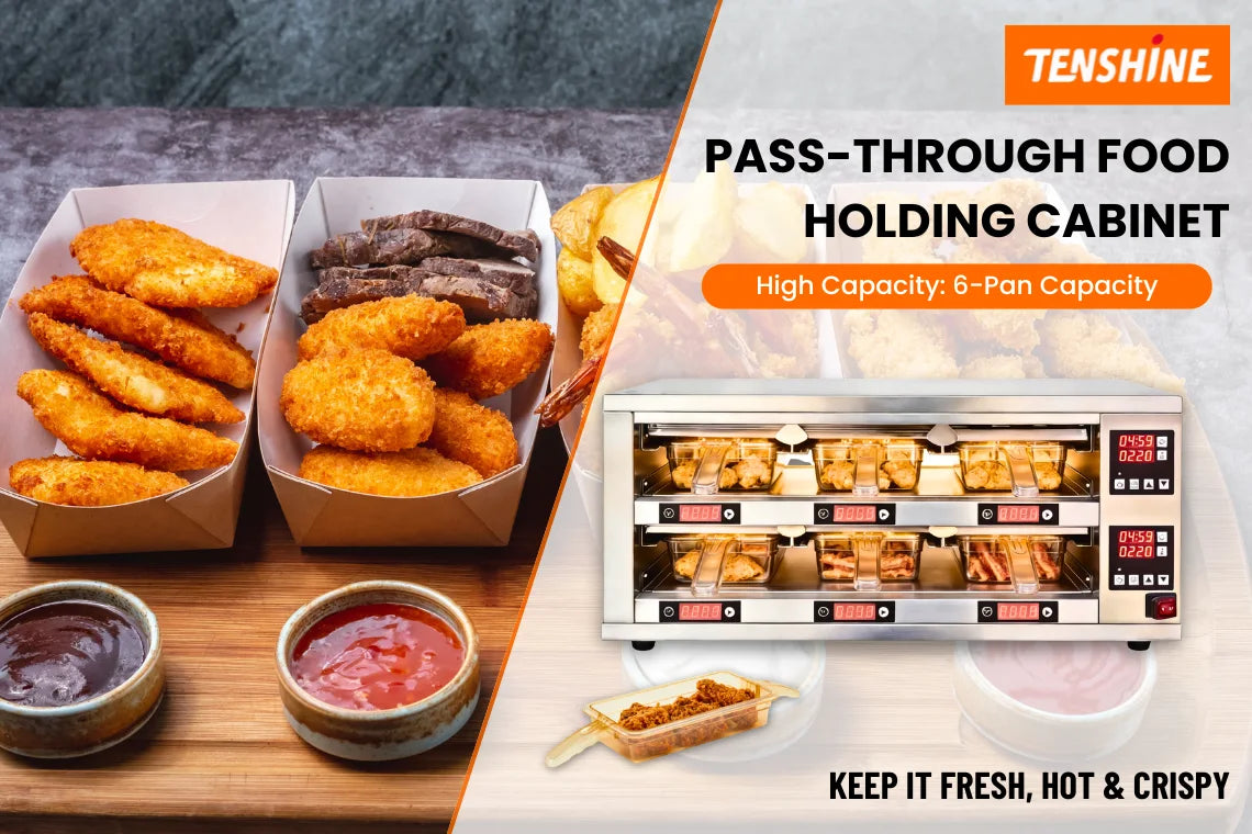 High-capacity 6-pan commercial pass-through food holding cabinet keeping burgers, fried chicken, and sides hot, fresh, and crispy for QSR.