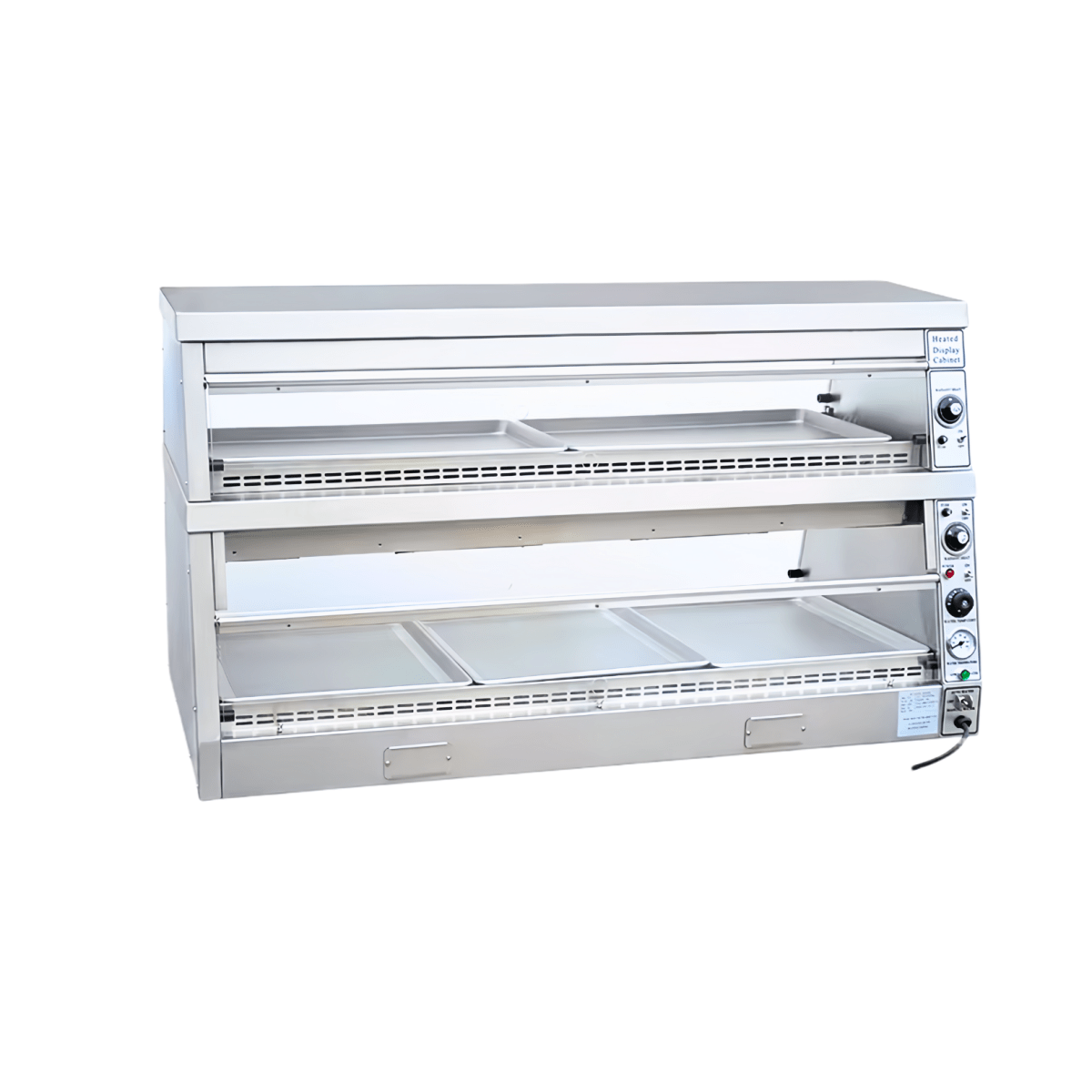 Heavy-duty stainless steel side profile of commercial food warmer with ventilation