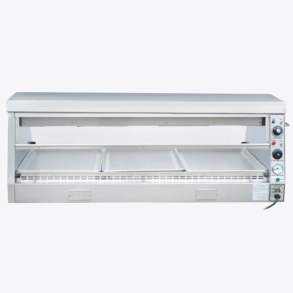 Front view of the single-tier commercial pass-through food warmer on a stainless steel prep counter, featuring the Tenshine TS-DW4 model with three empty trays ready for service.