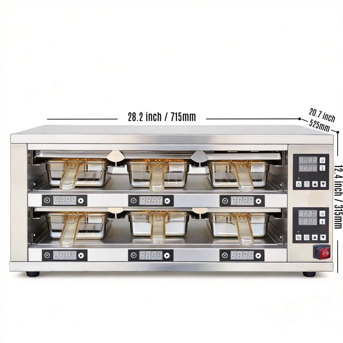 Exact dimensions of the 6-pan commercial pass-through patty holding bin measuring 28.2 inches wide by 12.4 inches high.