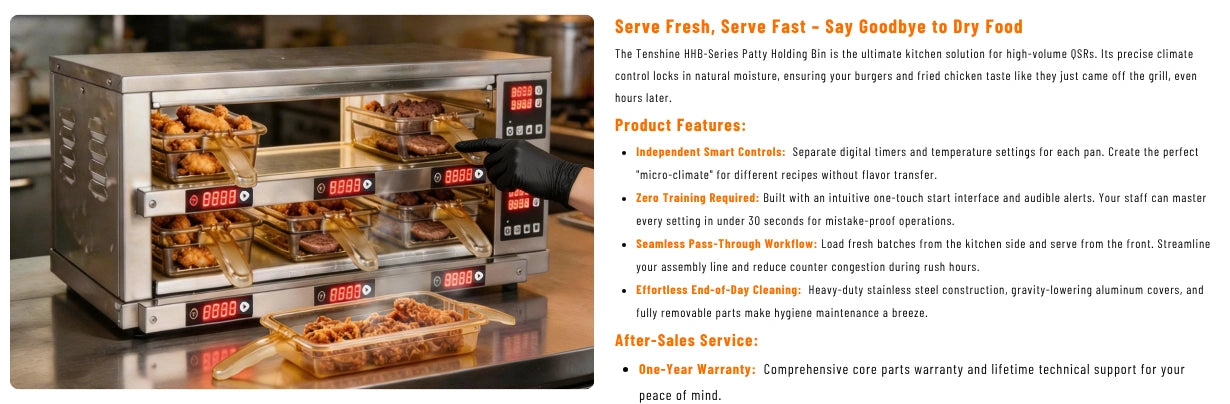 Kitchen staff easily operating the mistake-proof commercial pass-through patty holding bin to serve fresh and fast orders during lunch rush.