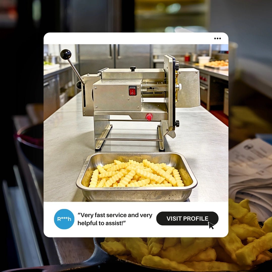Verified customer review and kitchen installation of the heavy duty commercial potato dicer machine operating on a restaurant stainless steel prep table.