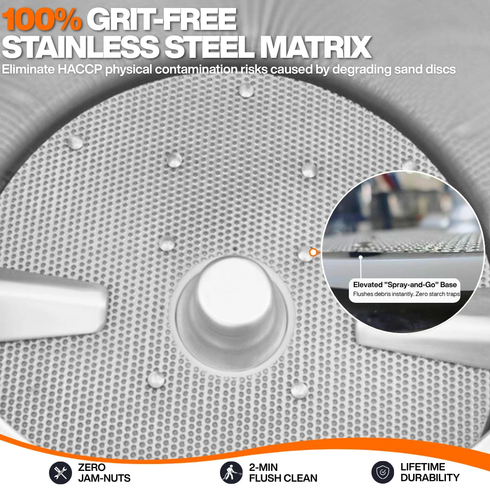 100% grit-free stainless steel matrix inside the commercial potato rumbler, designed to eliminate HACCP physical contamination risks.