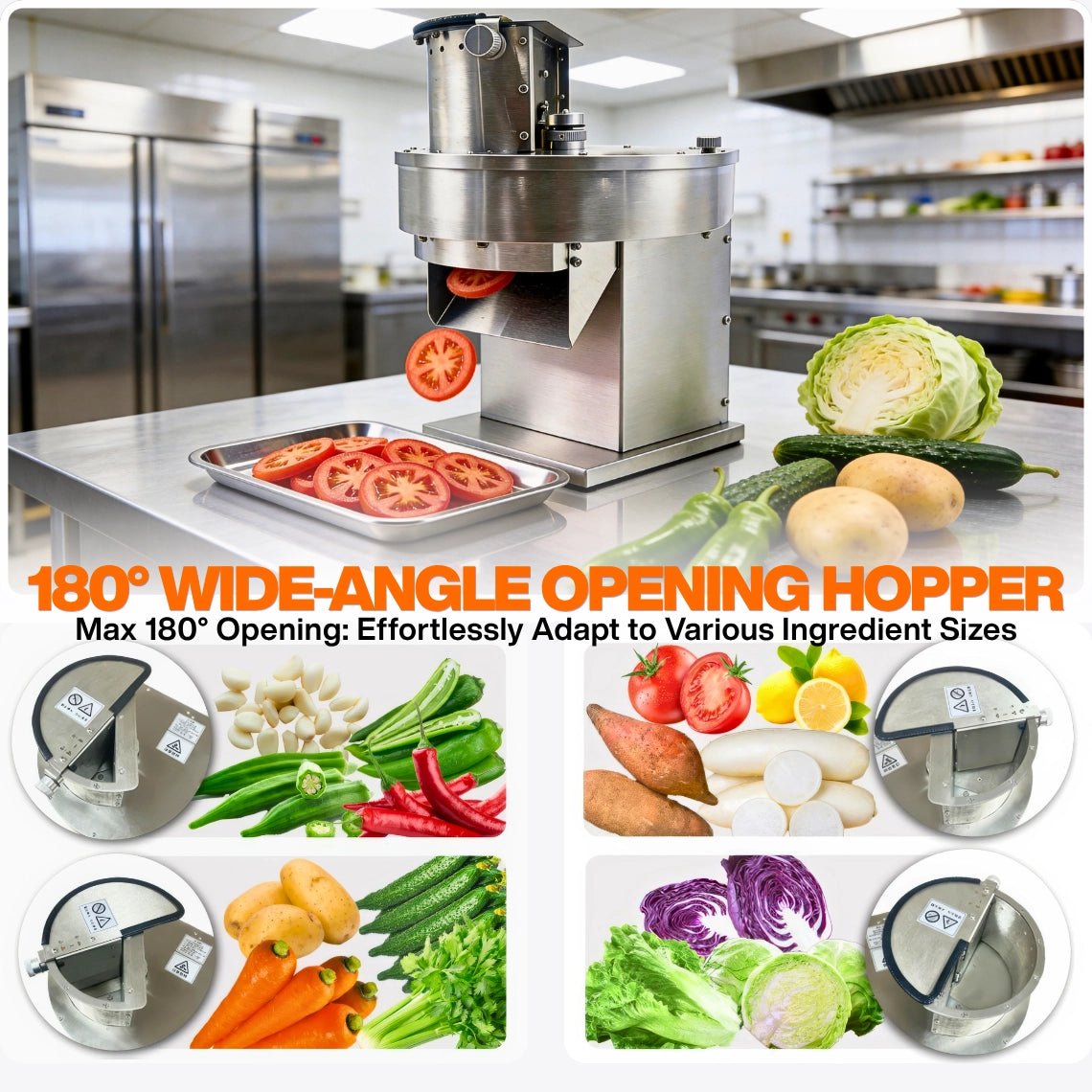 Tenshine commercial potato and vegetable slicer showing the 180-degree wide-angle hopper effortlessly adapting to large ingredients like cabbage, sweet potatoes, and cucumbers.