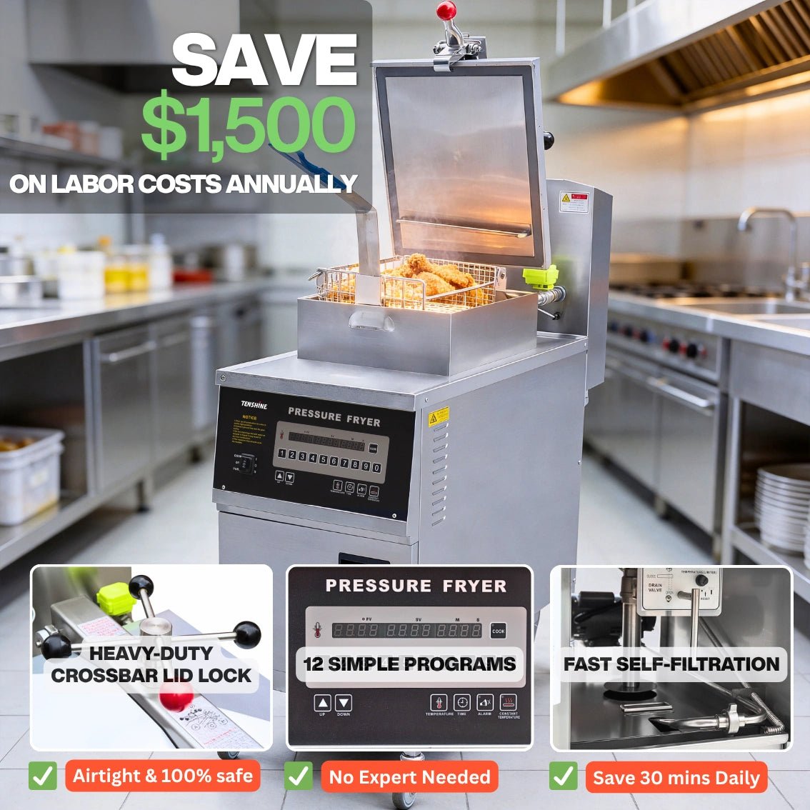 Core business benefits and performance highlights of our 25L commercial pressure cooker and fryer.