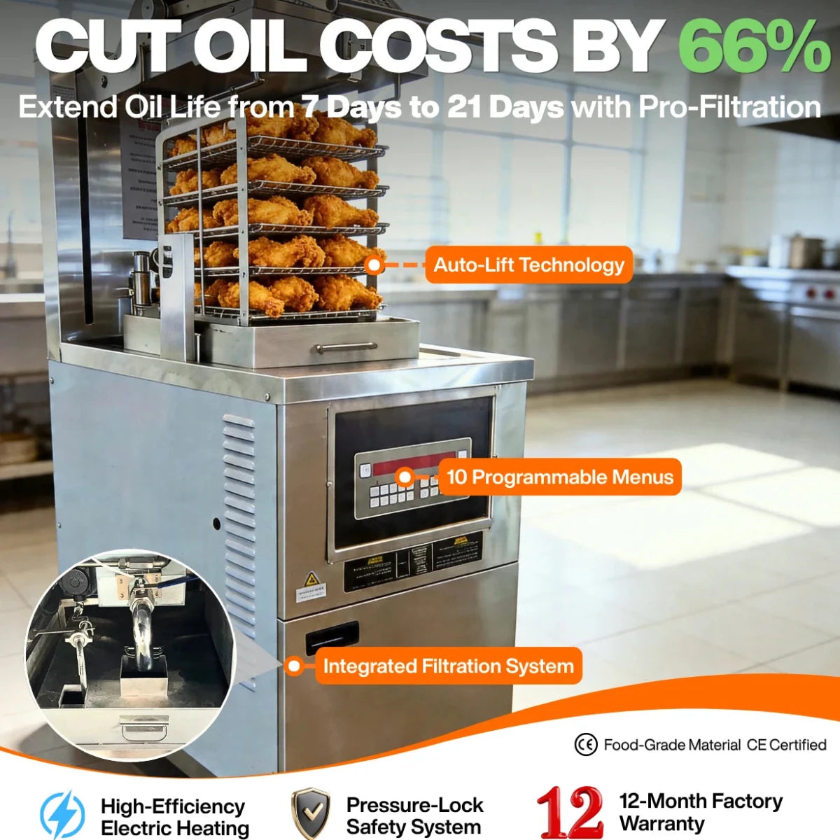 Extend oil life up to 21 days with the Tenshine commercial pressure fryer for chicken