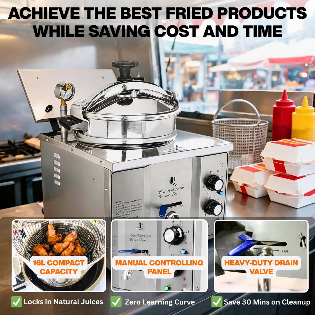 Compact commercial pressure fryer operating efficiently inside a busy food truck kitchen.