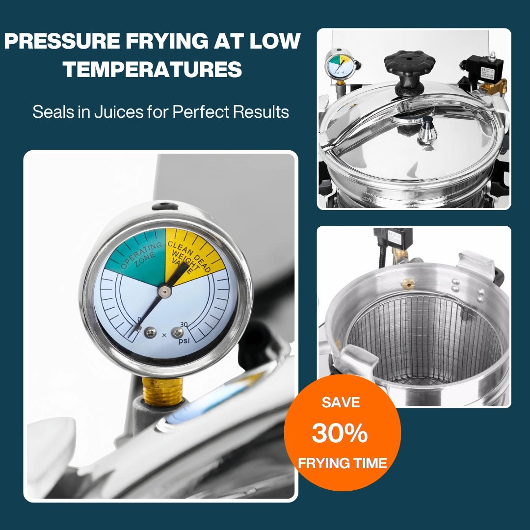 Precision pressure gauge and stainless steel frying vat of the 16L countertop pressure fryer, designed to seal in natural juices and save 30% frying time.