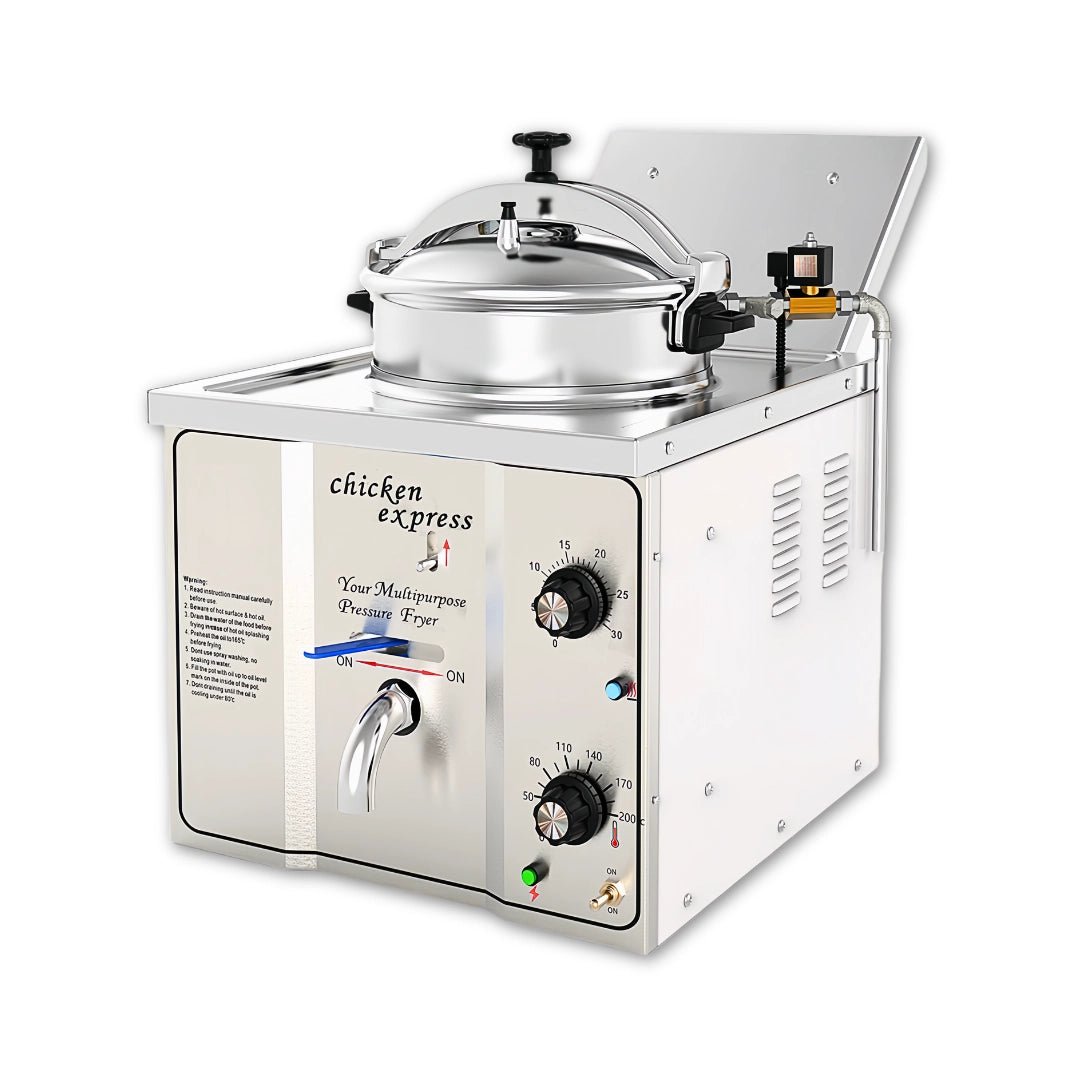 Front view of the Tenshine MDXZ-16 commercial pressure fryer on a white background.