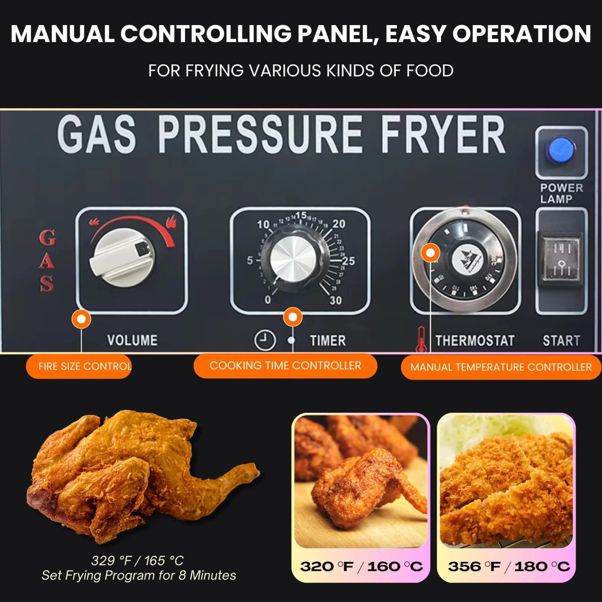 Easy-to-operate manual control panel featuring a mechanical timer and temperature controller switch.