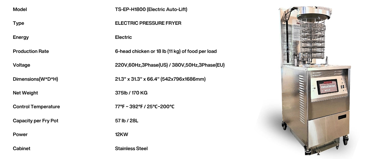 Detailed technical data sheet for the Tenshine TS-EP-H1800 commercial pressure fryer