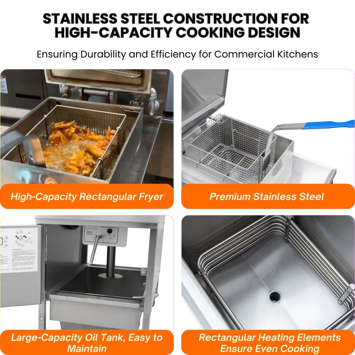 A four-grid detailed showcase of the premium 304 stainless steel construction used in the TS-EP24 commercial pressure fryer.