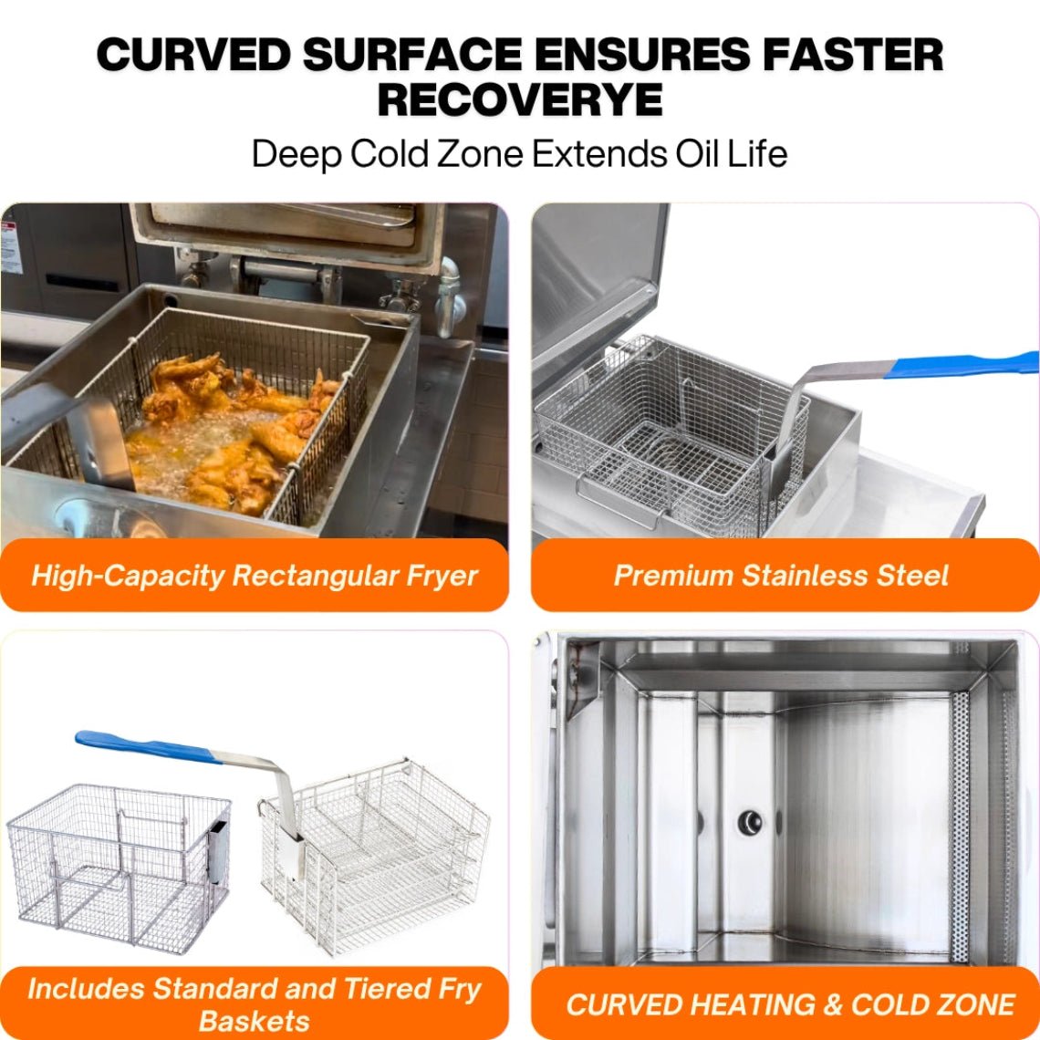 Internal view of the heavy-duty 304 stainless steel vat, highlighting the curved gas heating surface and deep cold zone of the commercial propane pressure fryer.