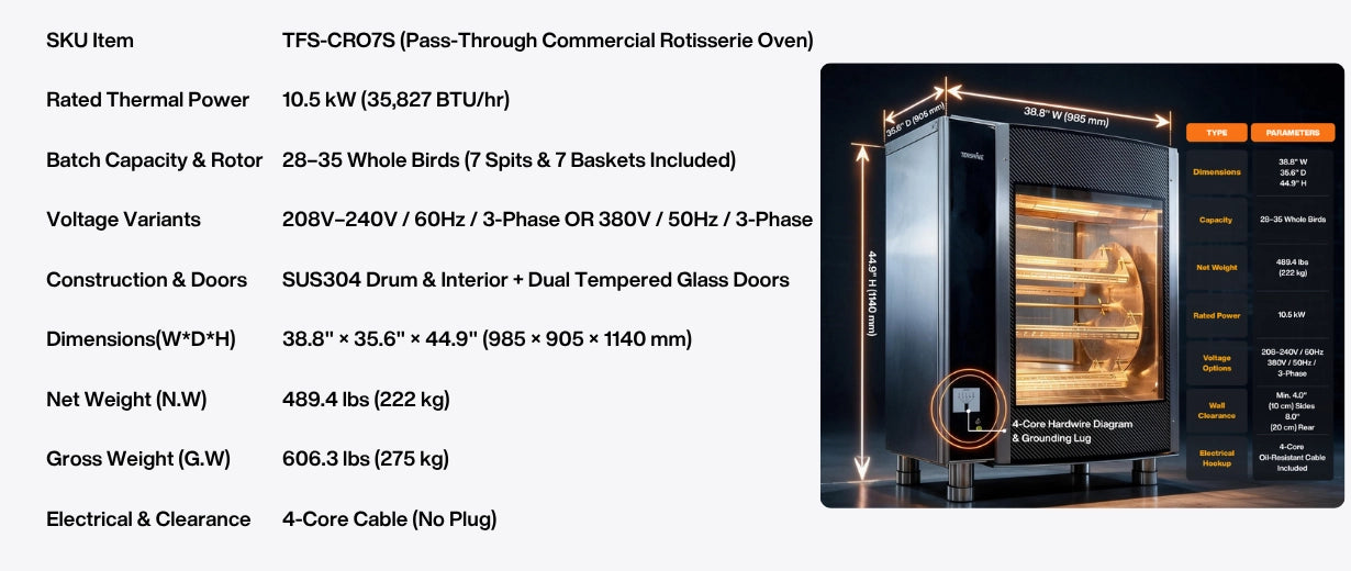Commercial rotisserie equipment technical data: TFS-CRO7S 208-240V/380V 3-phase, 489.4 lbs net weight, 606.3 lbs crated gross weight