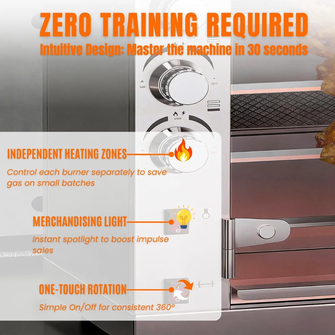 Close-up of control panel for Tenshine gas rotisserie oven. Features independent burner zones for gas saving and simple rocker switches for lighting and rotation.