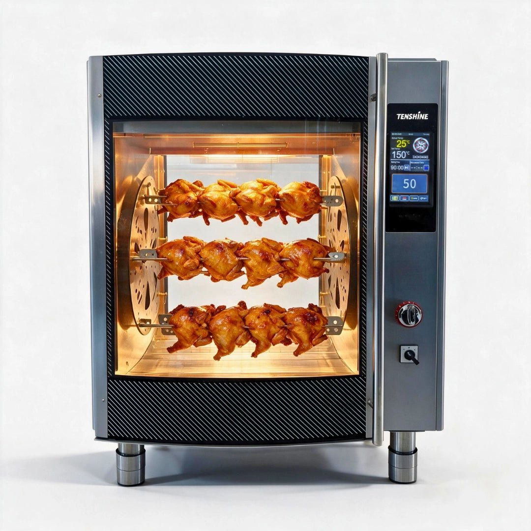 TENSHINE TFS-CRO7S commercial rotisserie oven roasting 28-35 whole chickens on 7 spits with touchscreen control