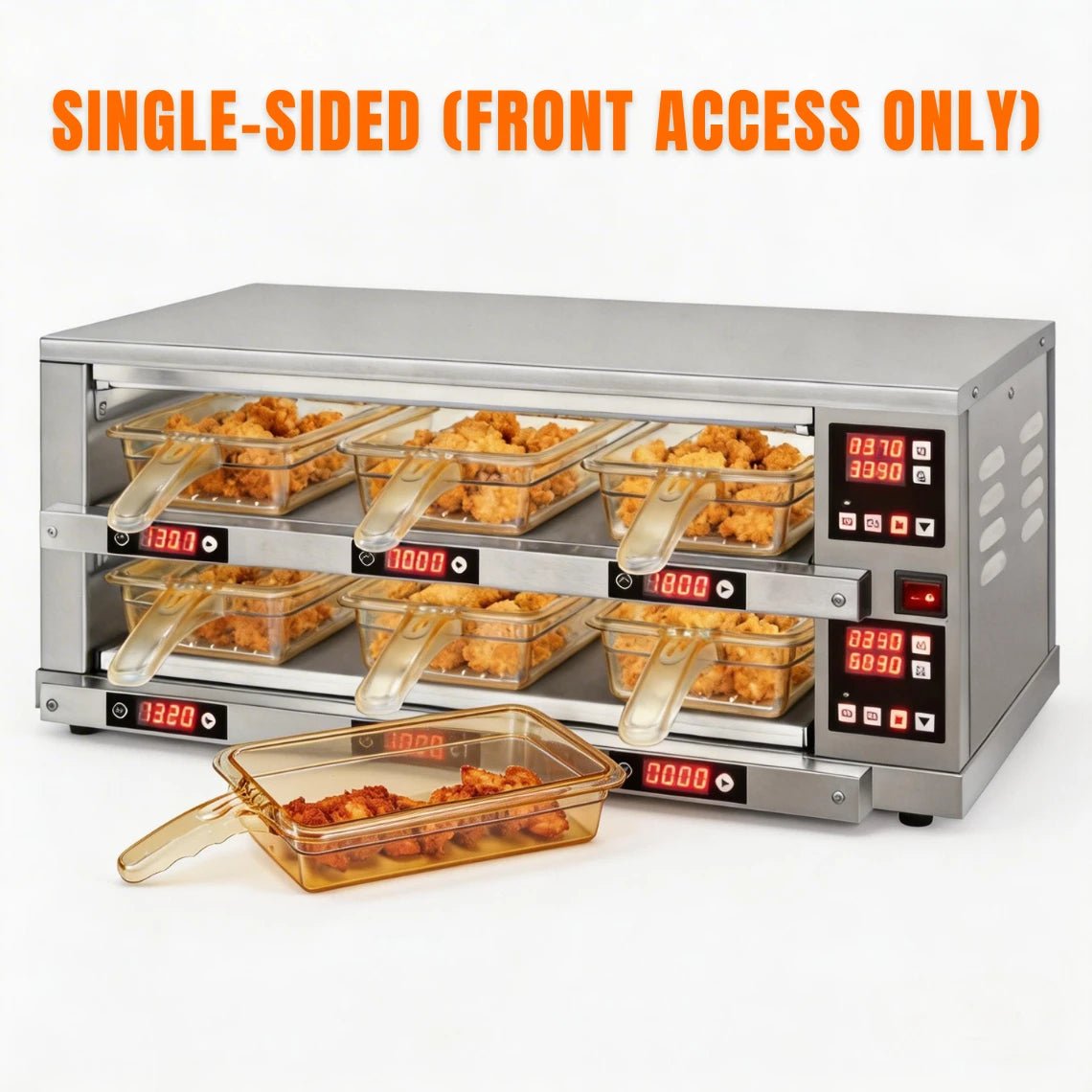 Commercial 6-pan single-sided patty holding bin with front-only access, perfect for wall-side kitchen stations. Keeps burgers & chicken juicy. Zero training needed.