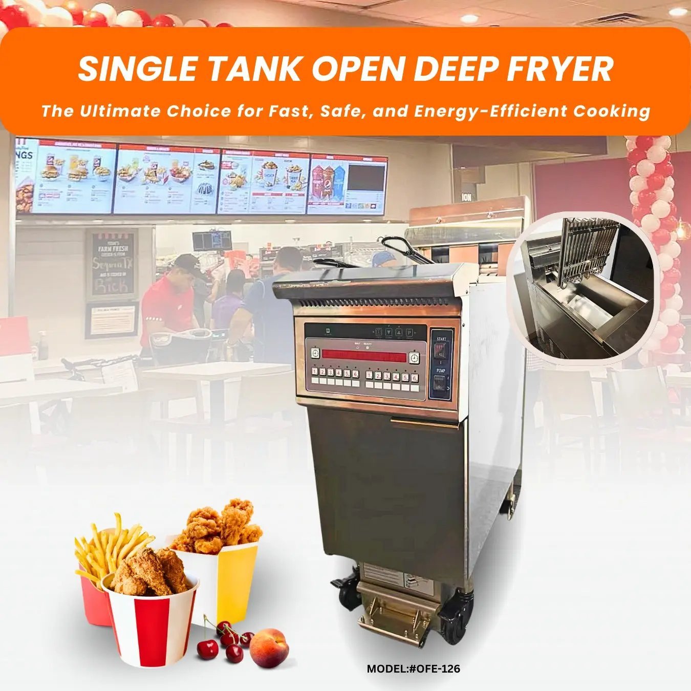 Commercial Single - Tank Electric Deep Fryer OFE - 126Commercial Electric Floor Open Deep Fryers