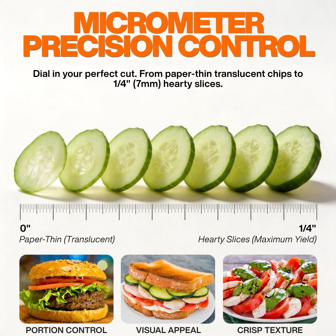 Micrometer precision control from 0 to 7mm showing uniform cucumber slices for burger toppings, subway-style sandwich fillings, and salad bases to ensure strict portion control.