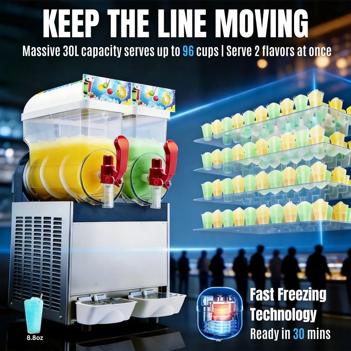Tenshine 30L dual-tank commercial slushy machine capable of serving up to 96 cups. Features fast freezing technology ready in 30 minutes to keep the line moving during rush hours.