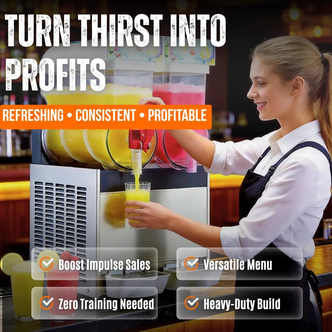 A smiling cafe staff dispensing a yellow frozen drink from a Tenshine dual-tank commercial slushy machine. The machine features zero training operation, versatile menu options, and a heavy-duty build to boost impulse sales.